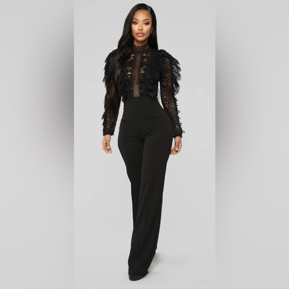 Fashion Nova Pants - Fashion Nova Black Lace Feather Sleeve High-Waist Jumpsuit